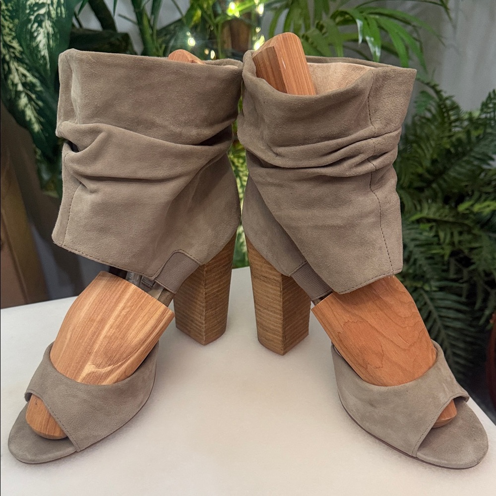 Chinese Laundry Taupe Suede Open-Toe Heeled Boots